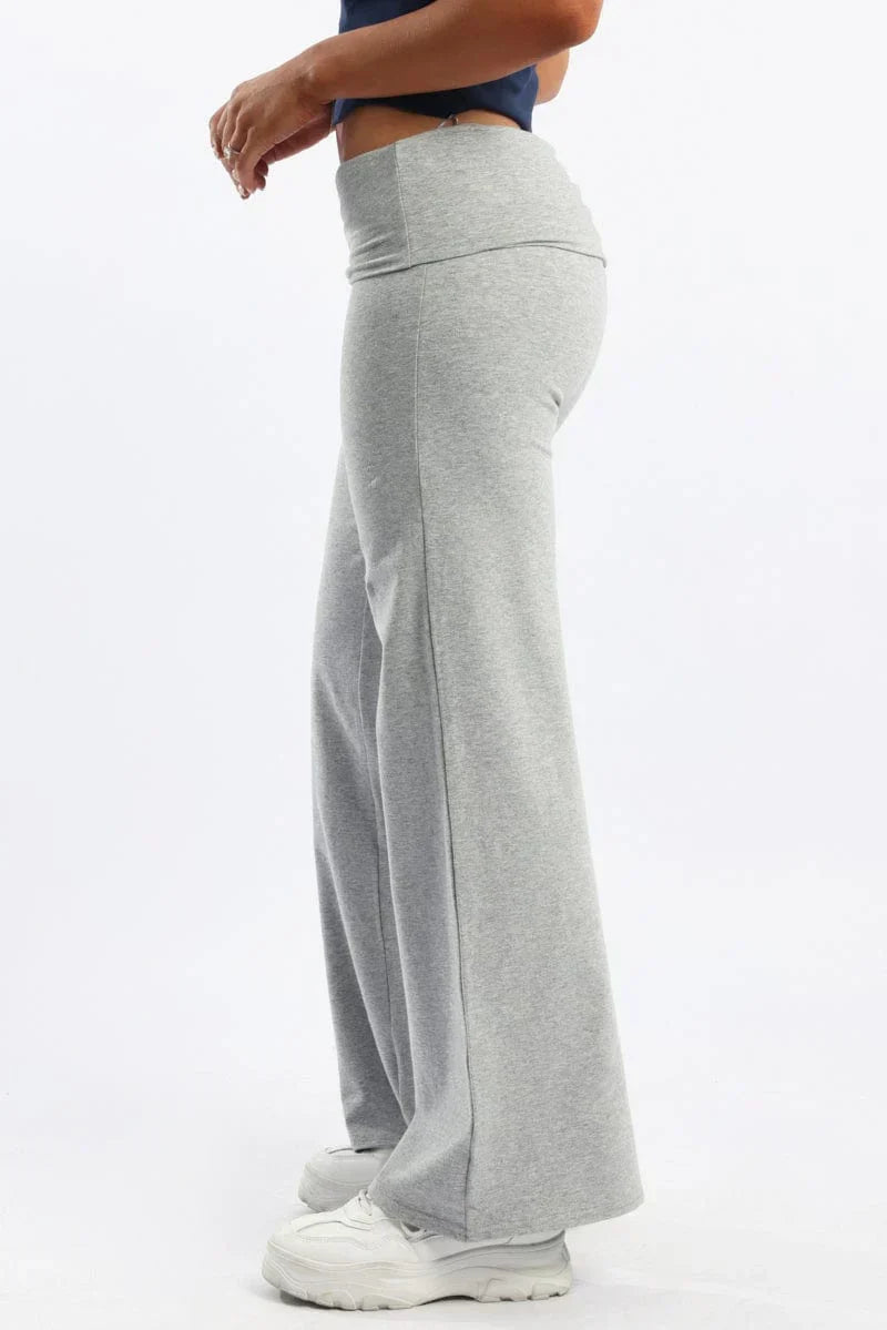Grey Wide Leg Pants Folded Waist Jersey
