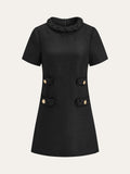 Tweed Braided Rope Collar Short Sleeve Dress