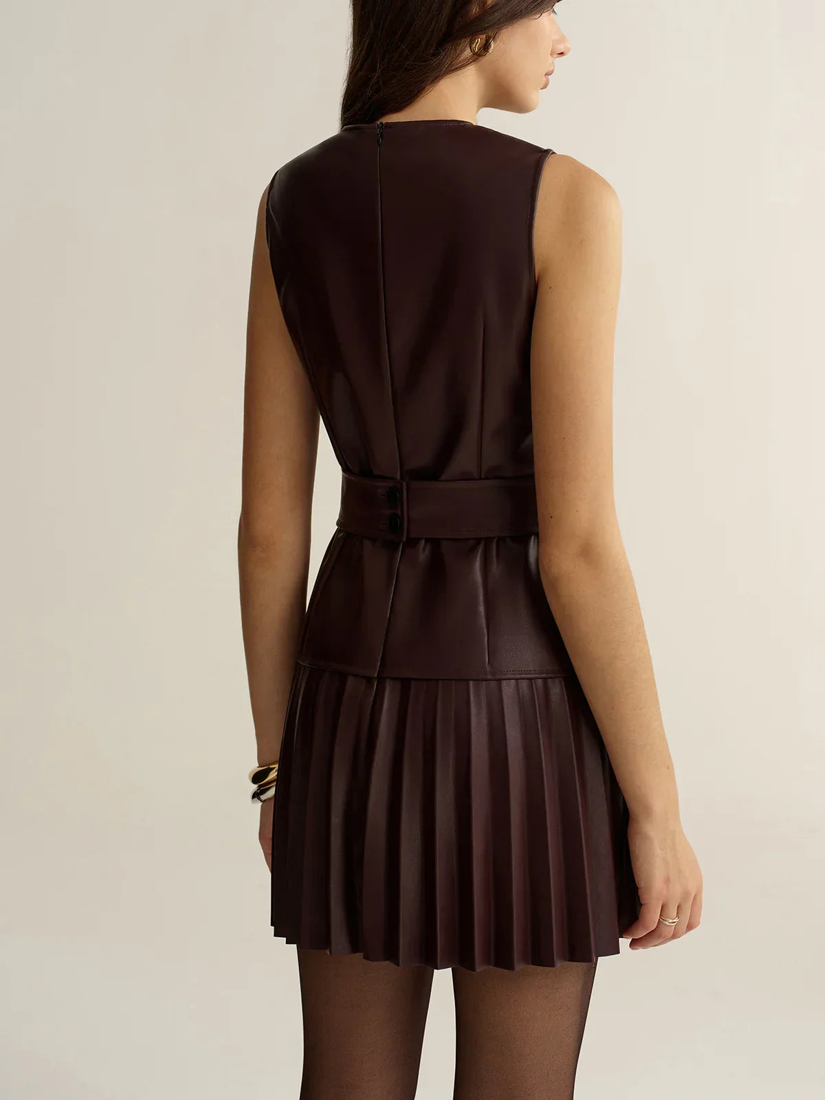 Belted Faux Leather Sleeveless Pleated Mini Dress