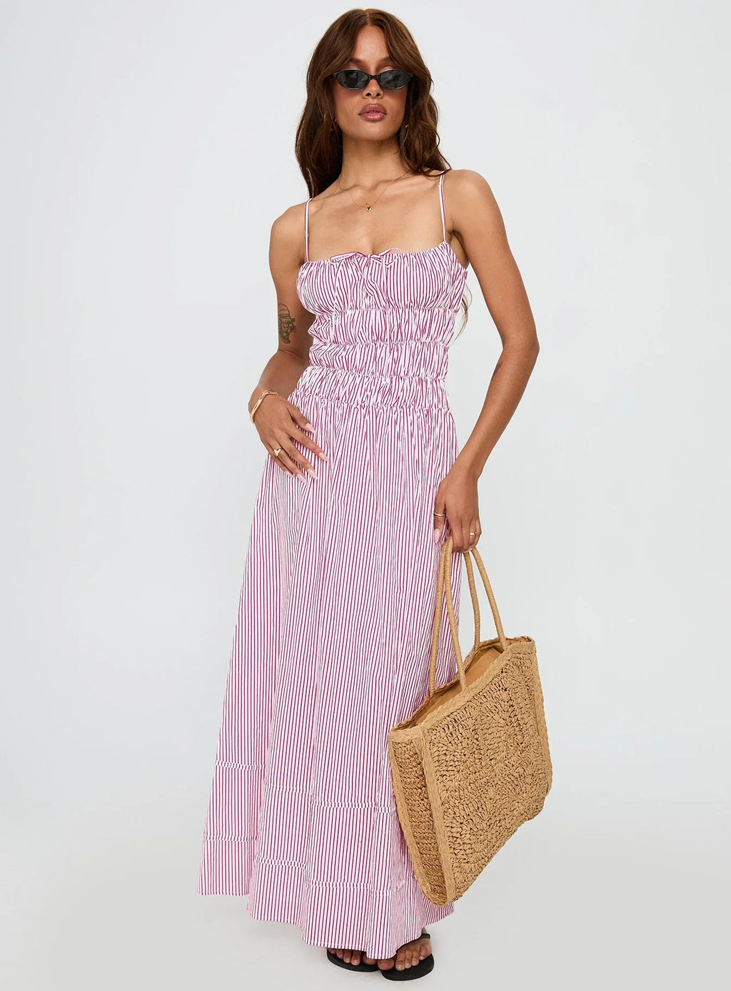 Loralei Shirred Maxi Dress Red Stripe