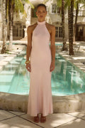 Brigitte Halter Neck Open Back Satin Maxi Dress