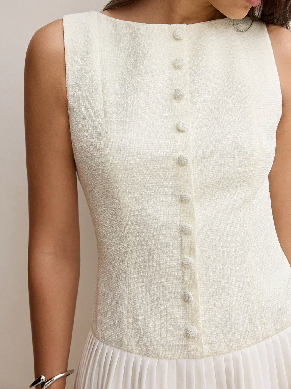 Button-Front Panel Pleated Hem Mini Dress