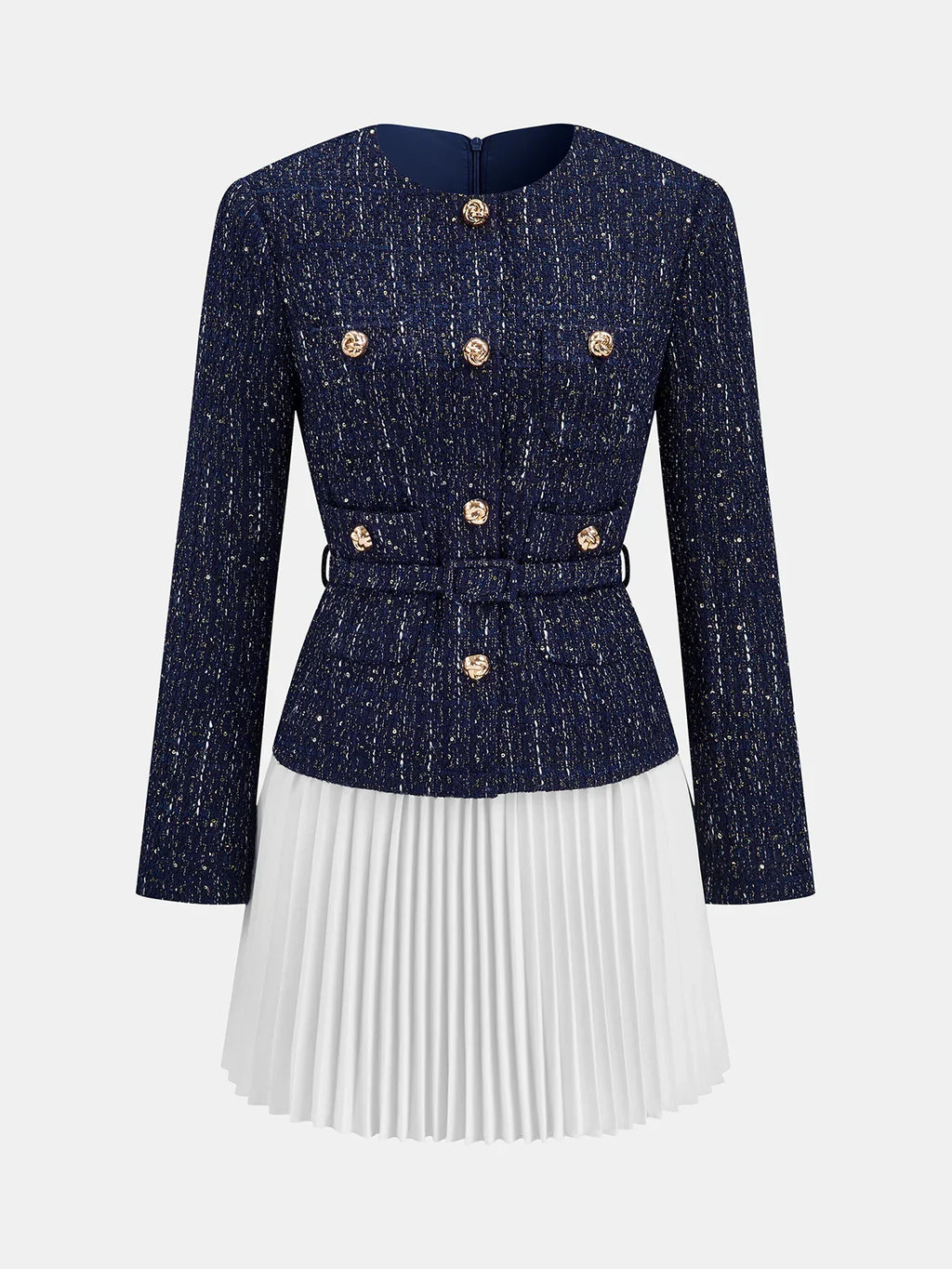 Pleated Hem Panel Tweed Belted Mini Dress