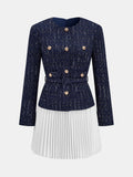 Pleated Hem Panel Tweed Belted Mini Dress