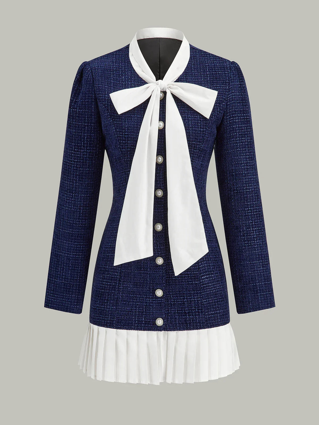 Pleated Hem Bow Neckline Tweed Mini Dress