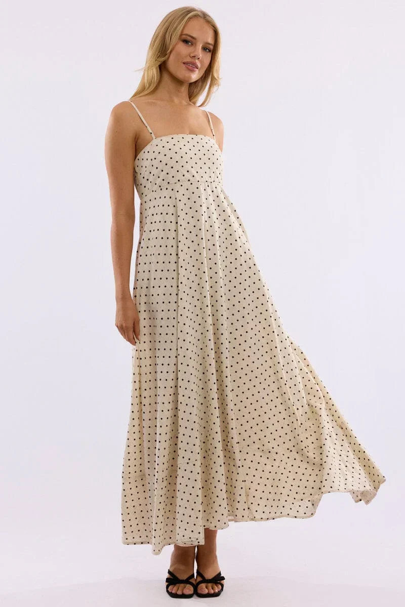 Beige Polka Dot Maxi Dress Strappy