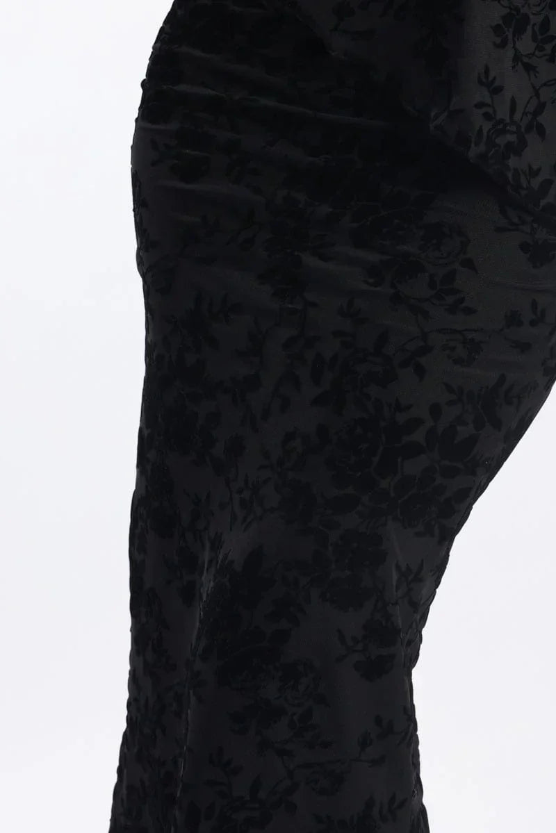 Black Floral Burnout Skirt Elasticated Picot Trim Midaxi