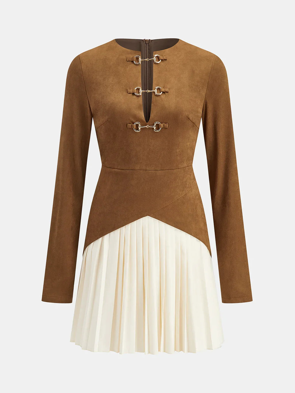 Pleated Hem Panel Suede Effect Mini Dress