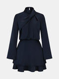 Long Sleeve Cross Neck Satin Tiered Mini Dress