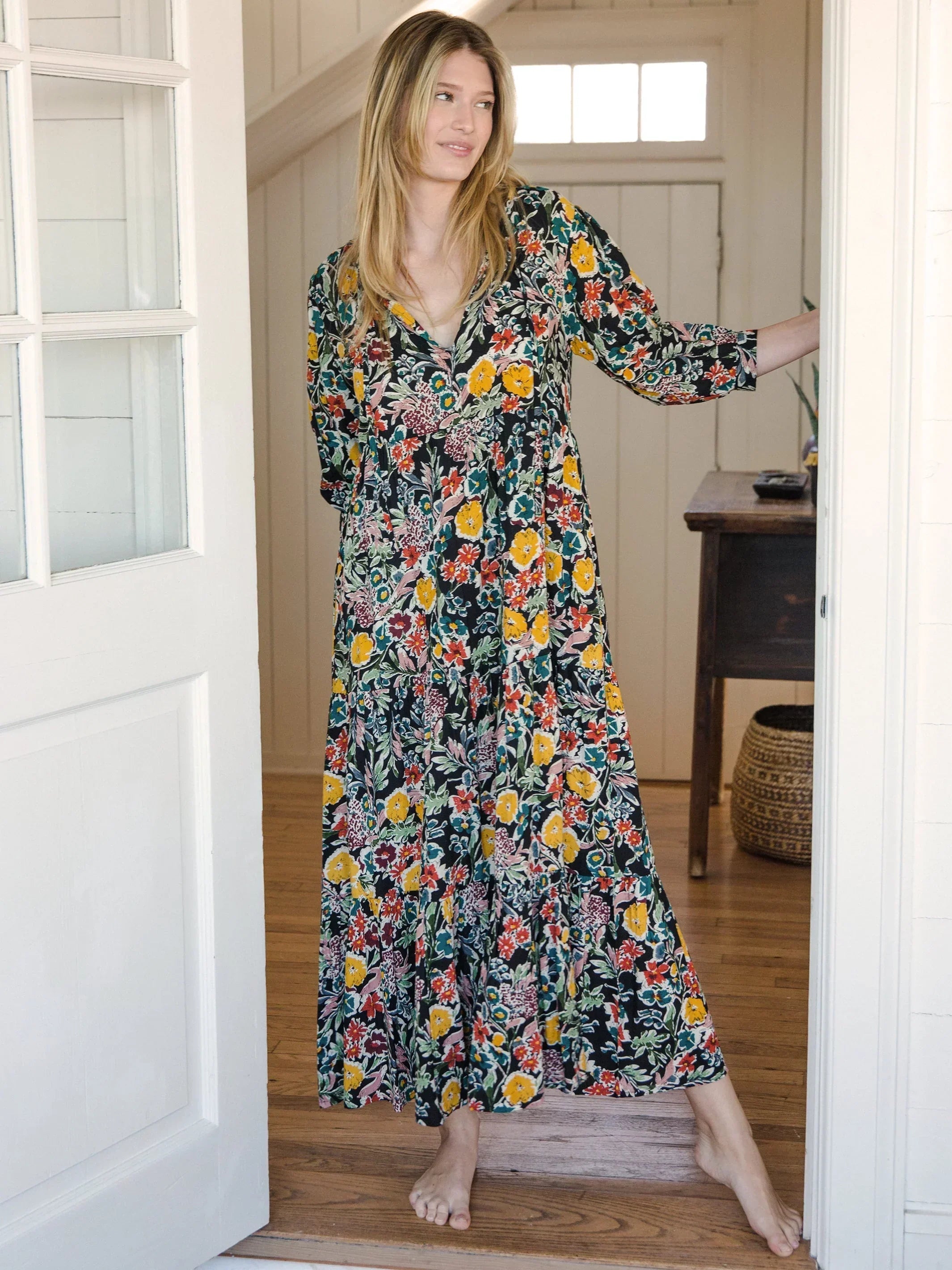 Sage V-Neck Maxi Dress - Gold Fall Floral