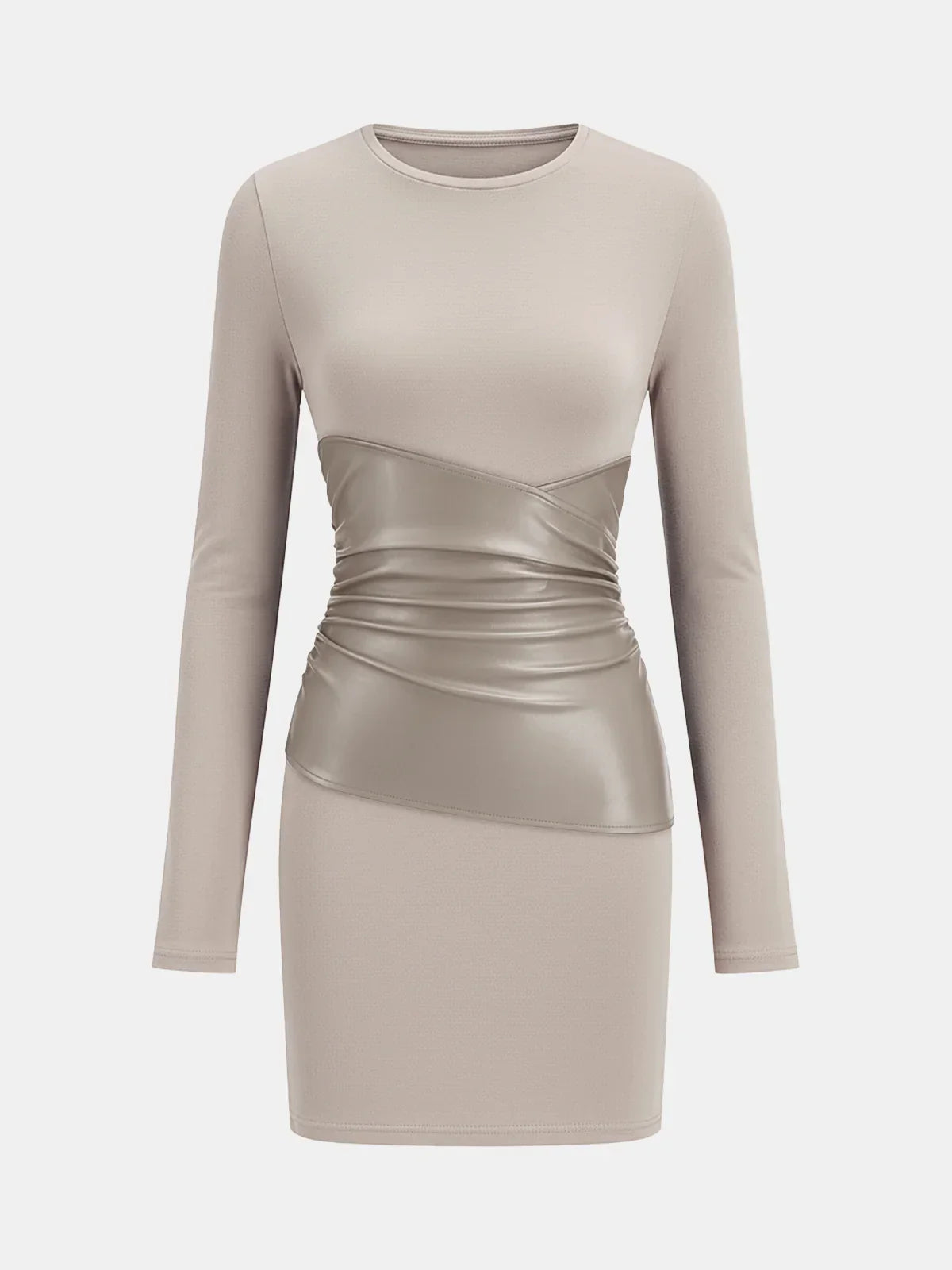 PU Leather Panel Long Sleeve Knit Dress