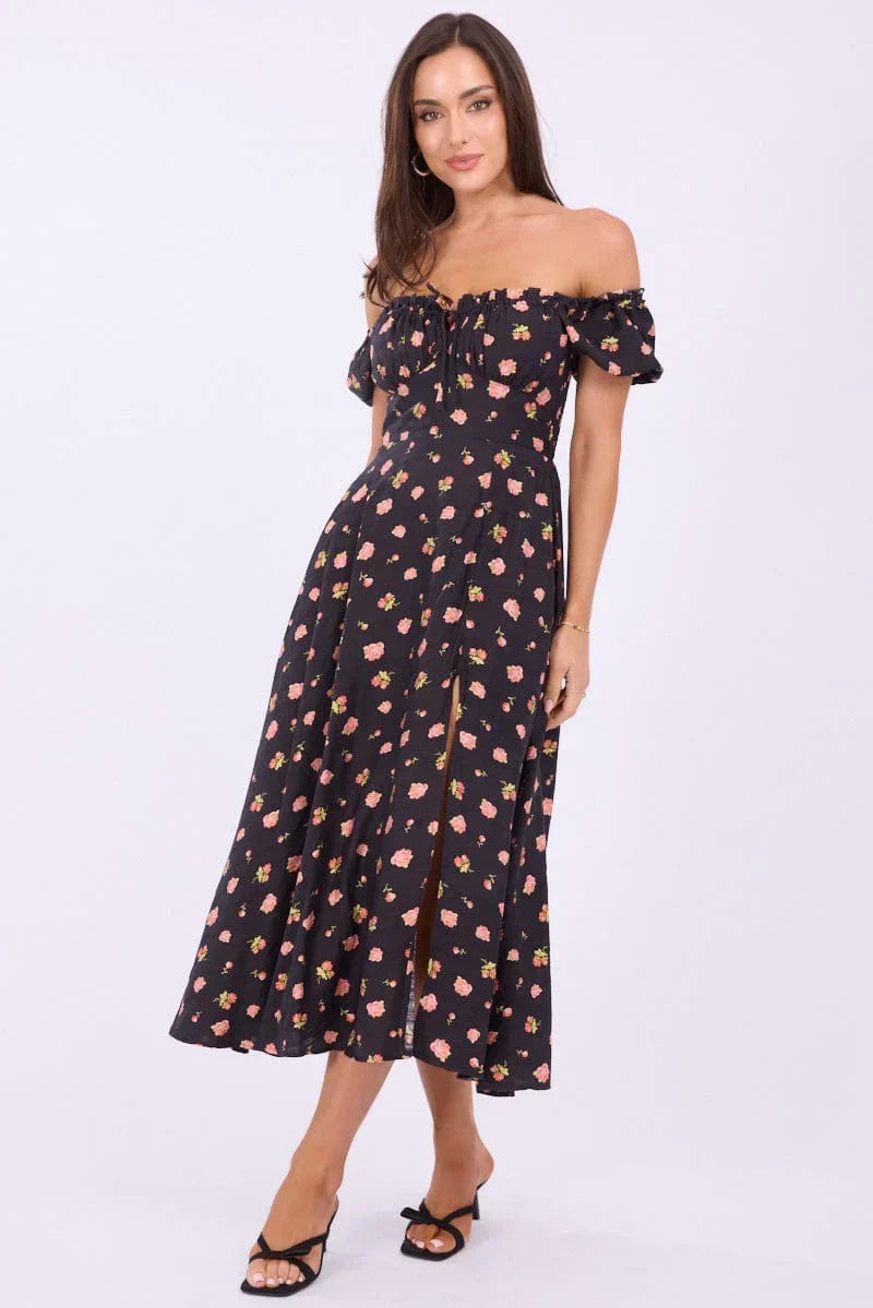 Black Ditsy Midi Dress Puff Sleeve