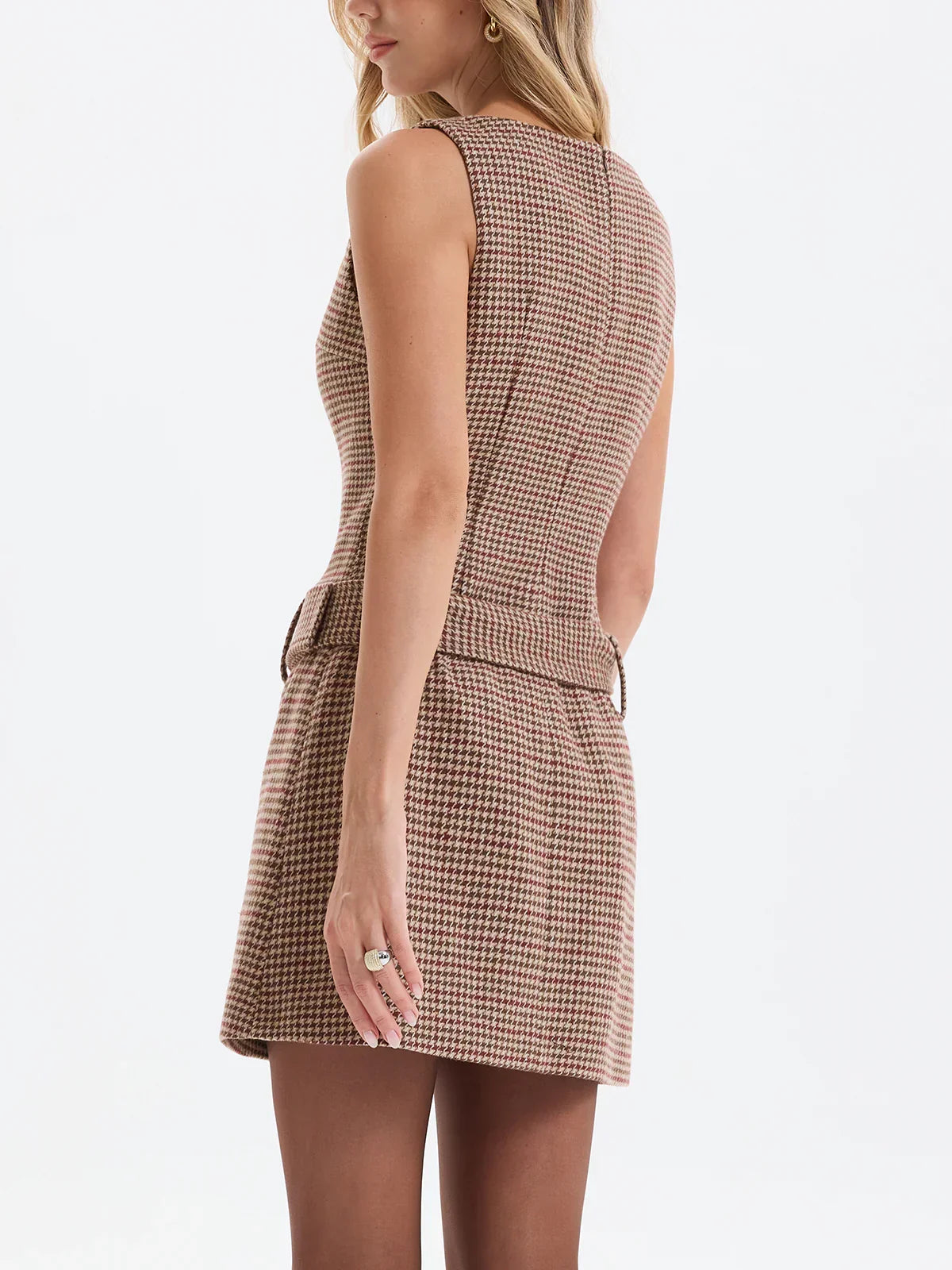 Sleeveless Belted Houndstooth Sheath Mini Dress