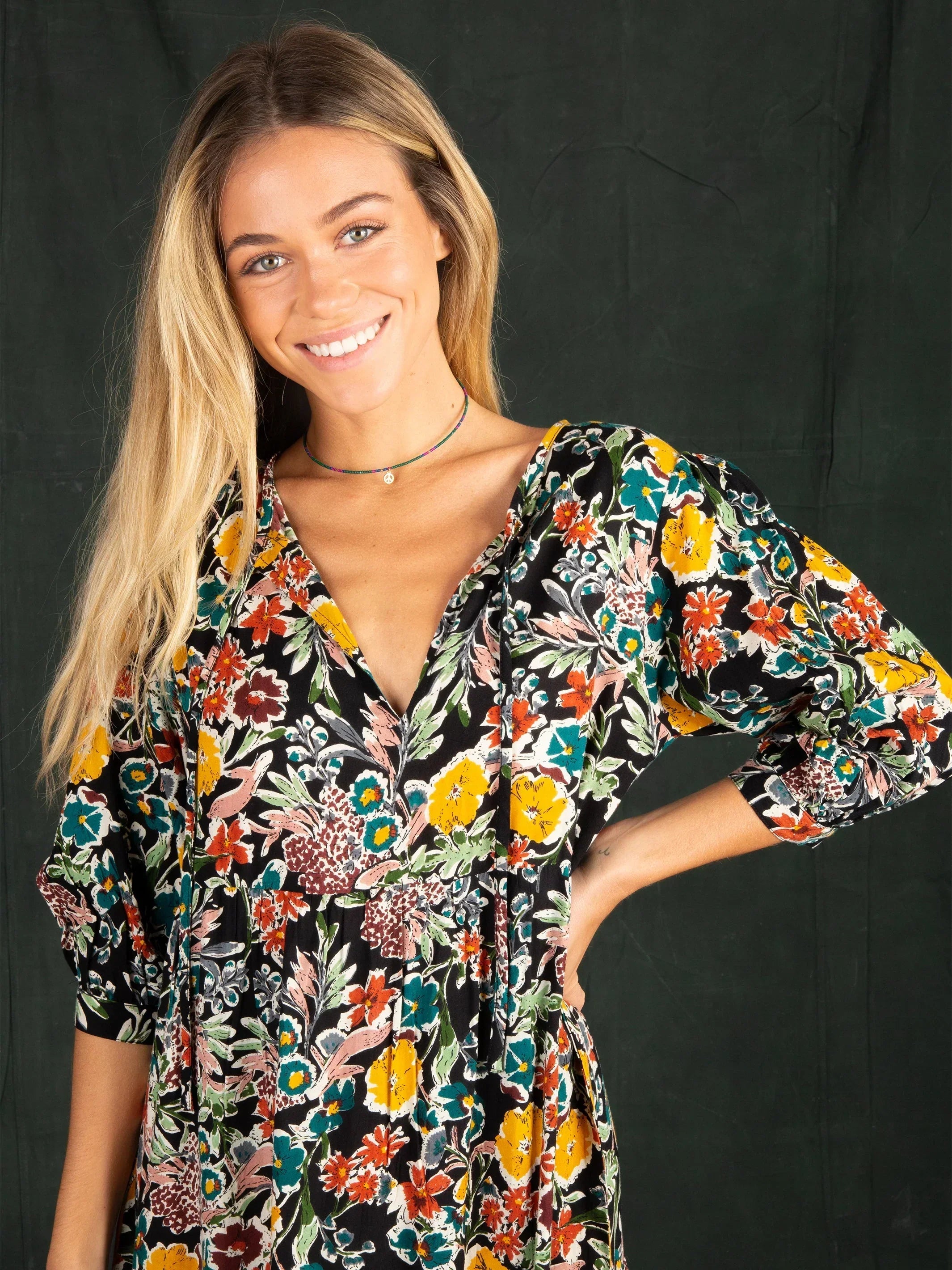 Sage V-Neck Maxi Dress - Gold Fall Floral