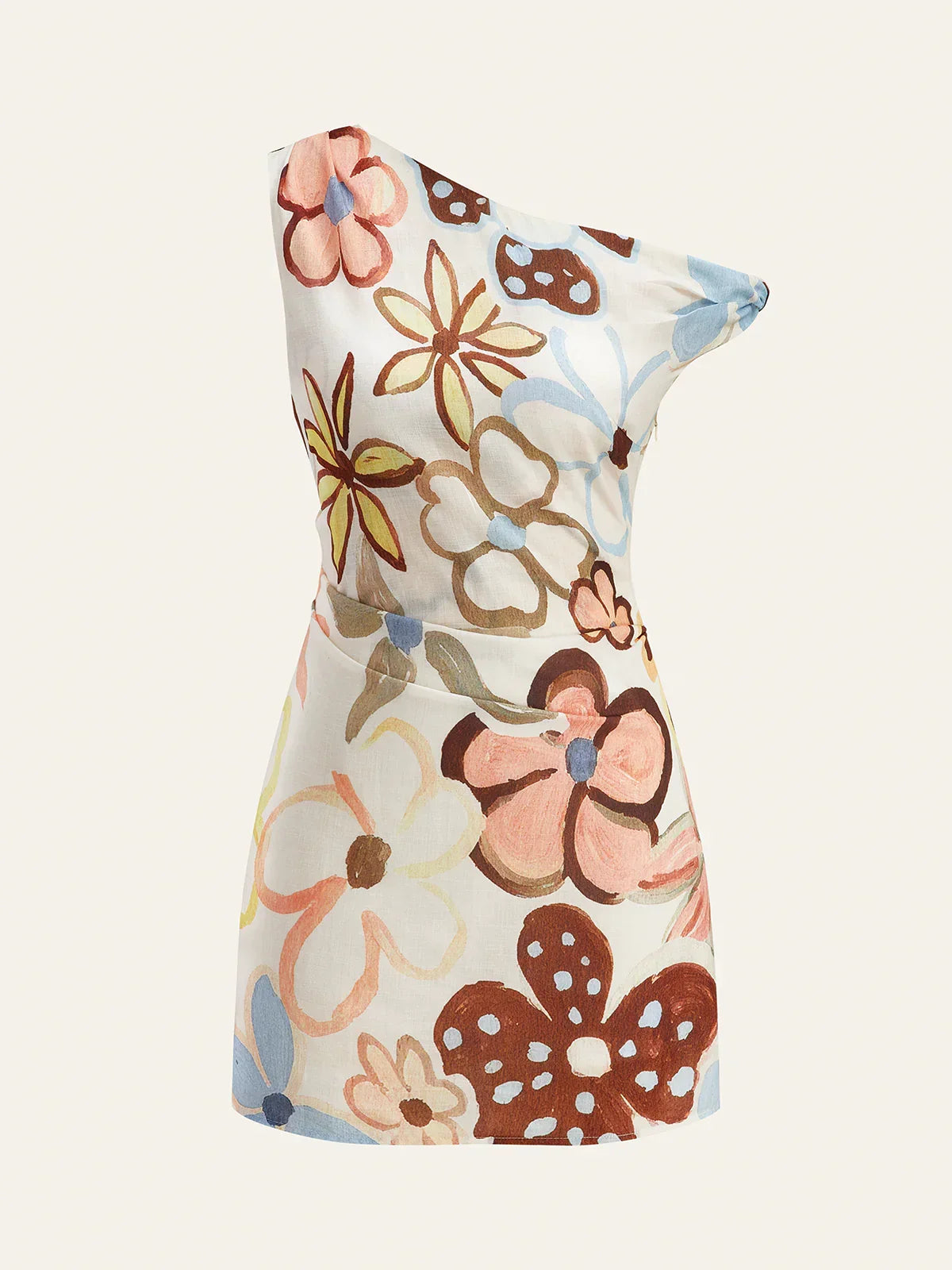 Asymmetric Neck Belted Print Dress