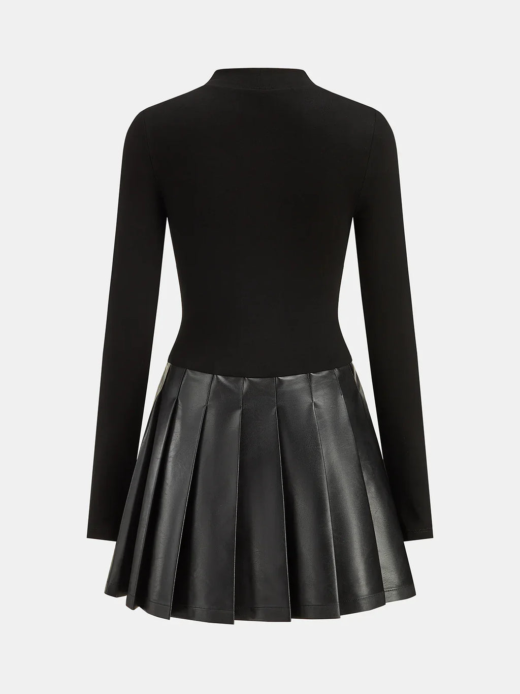 Faux Leather Pleated Panel Long Sleeve Dress