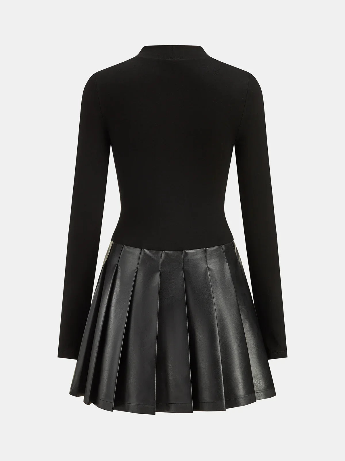 Faux Leather Pleated Panel Long Sleeve Dress