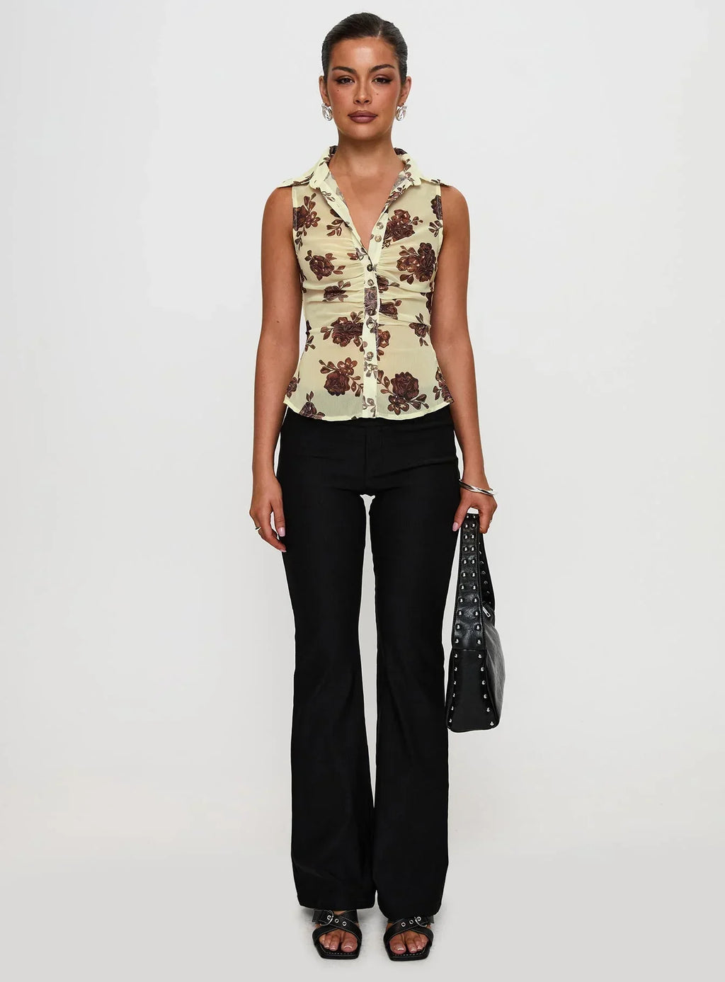 Present Tense Sheer Ruched Top Yellow Floral