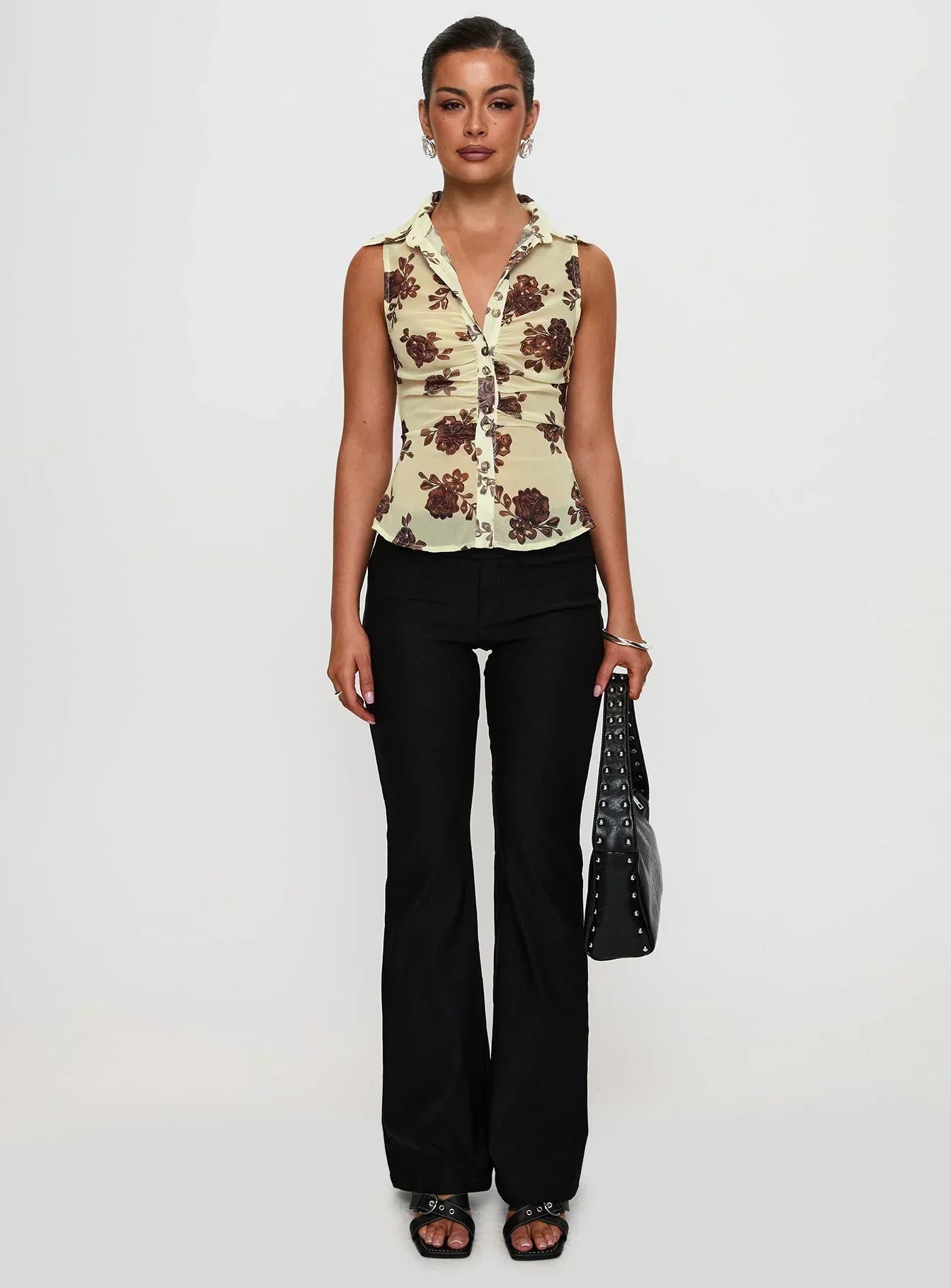 Present Tense Sheer Ruched Top Yellow Floral