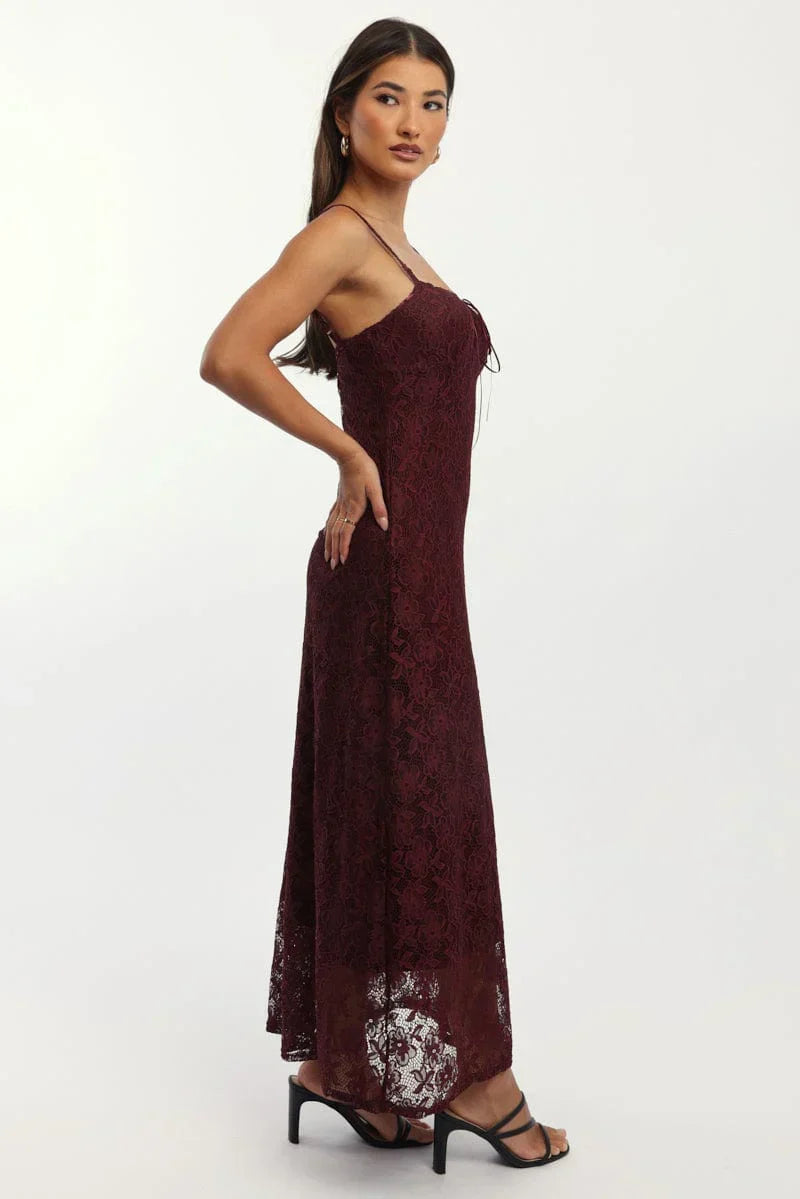 Red Maxi Dress Lace Satin Tape