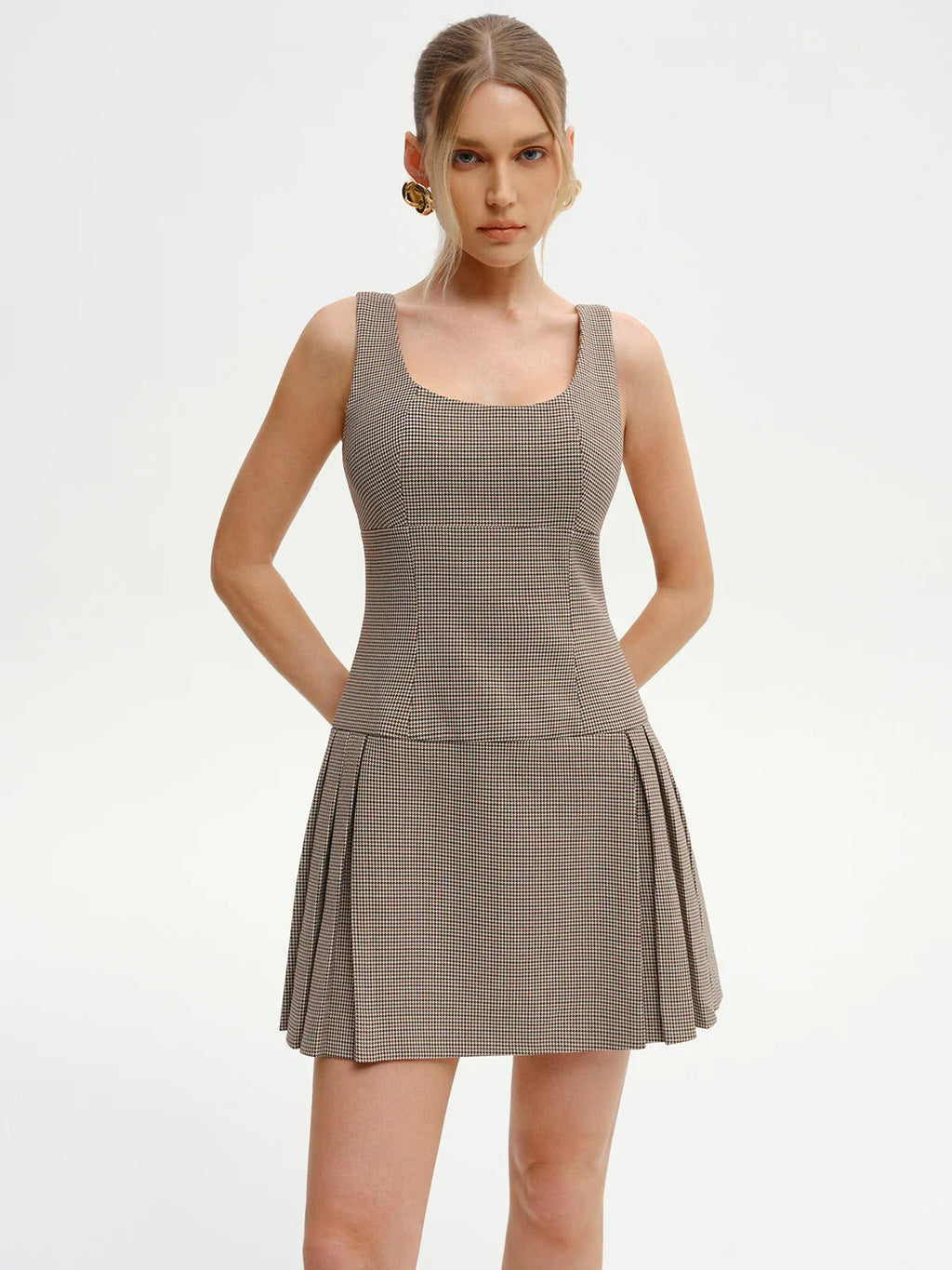 Houndstooth Square-Neck Pleated Mini Dress