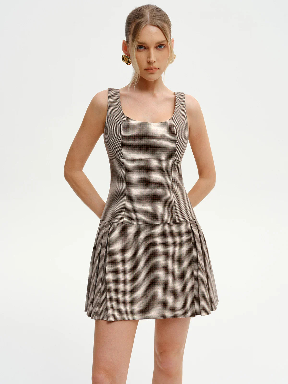 Houndstooth Square-Neck Pleated Mini Dress