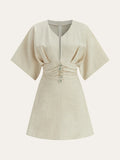 Cotton & Linen Ruched Button Detail Mini Dress