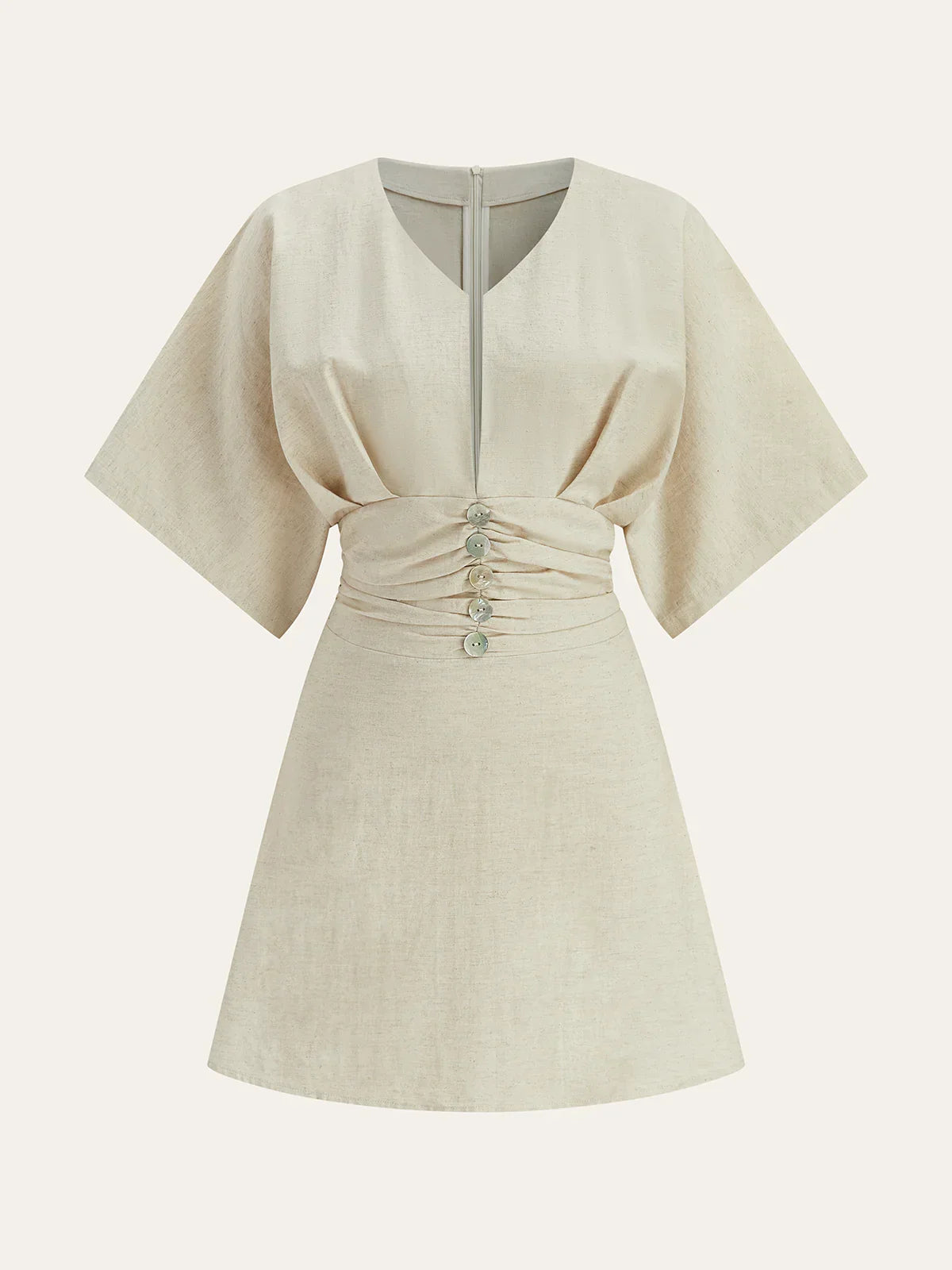 Cotton & Linen Ruched Button Detail Mini Dress