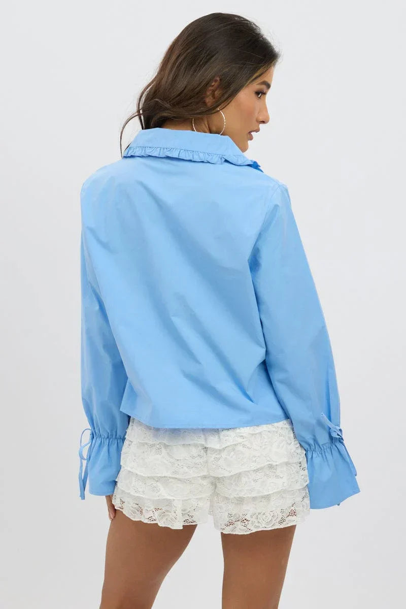 Blue Tie Up Shirt Long Sleeve Peter Pan Collar