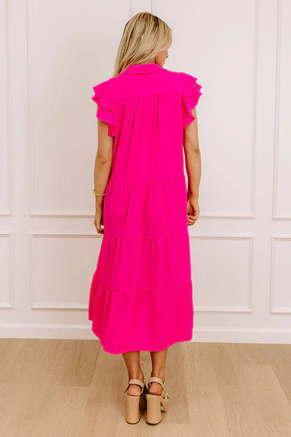 Sunny Spritzer Tiered Midi Dress in Hot Pink