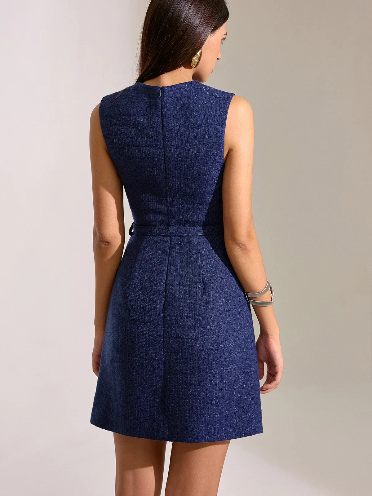 Belted Pleated Lace Mini Dress