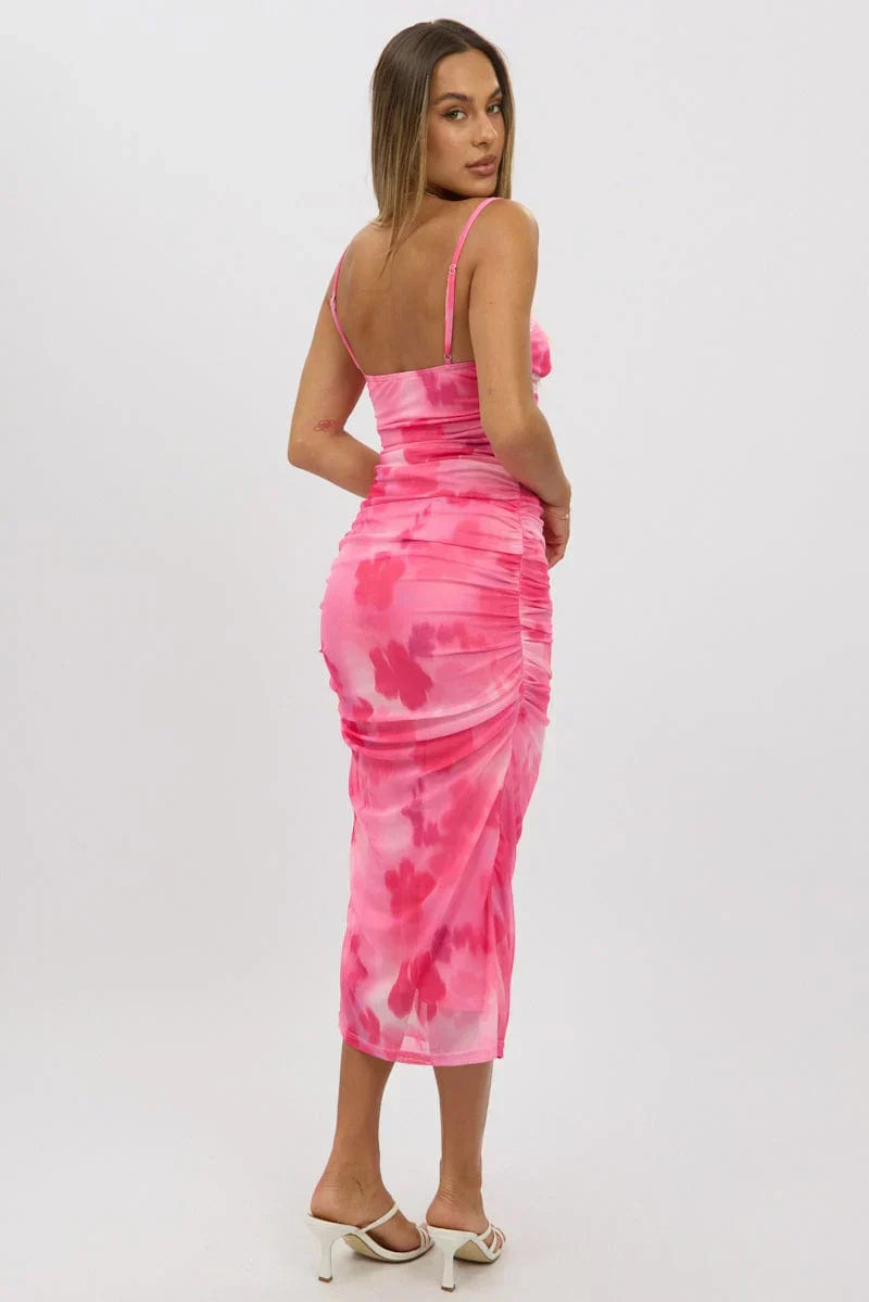 Pink Floral Bodycon Dress Singlet Mesh Midi