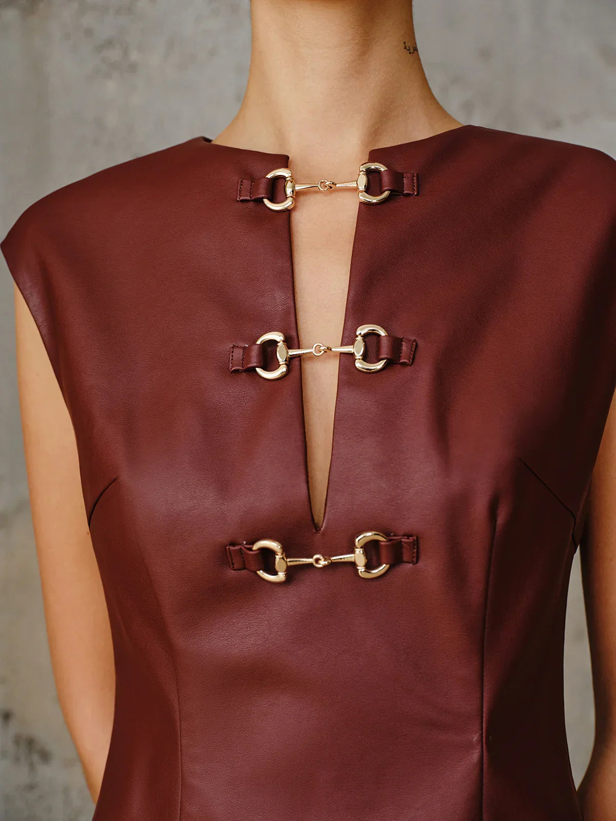 PU Leather Metal Buckle Sleeveless Mini Dress