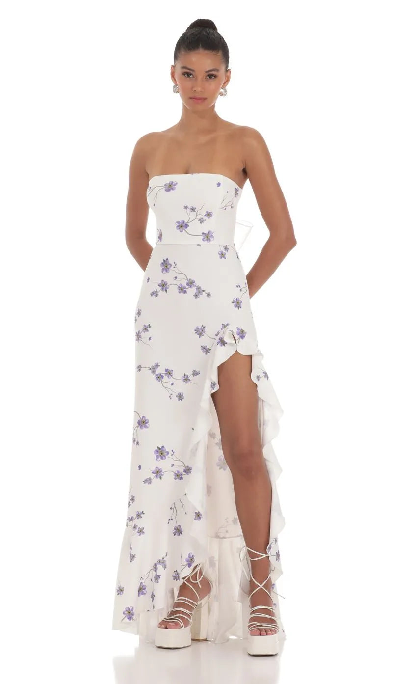 Strapless Back Bow Corset Maxi Dress in Navy