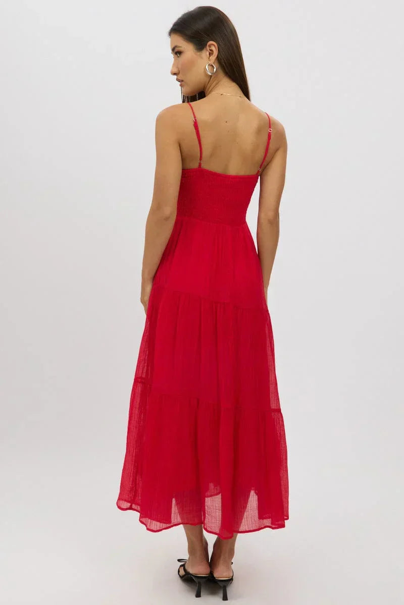 Red Midi Dress Tiered Strappy
