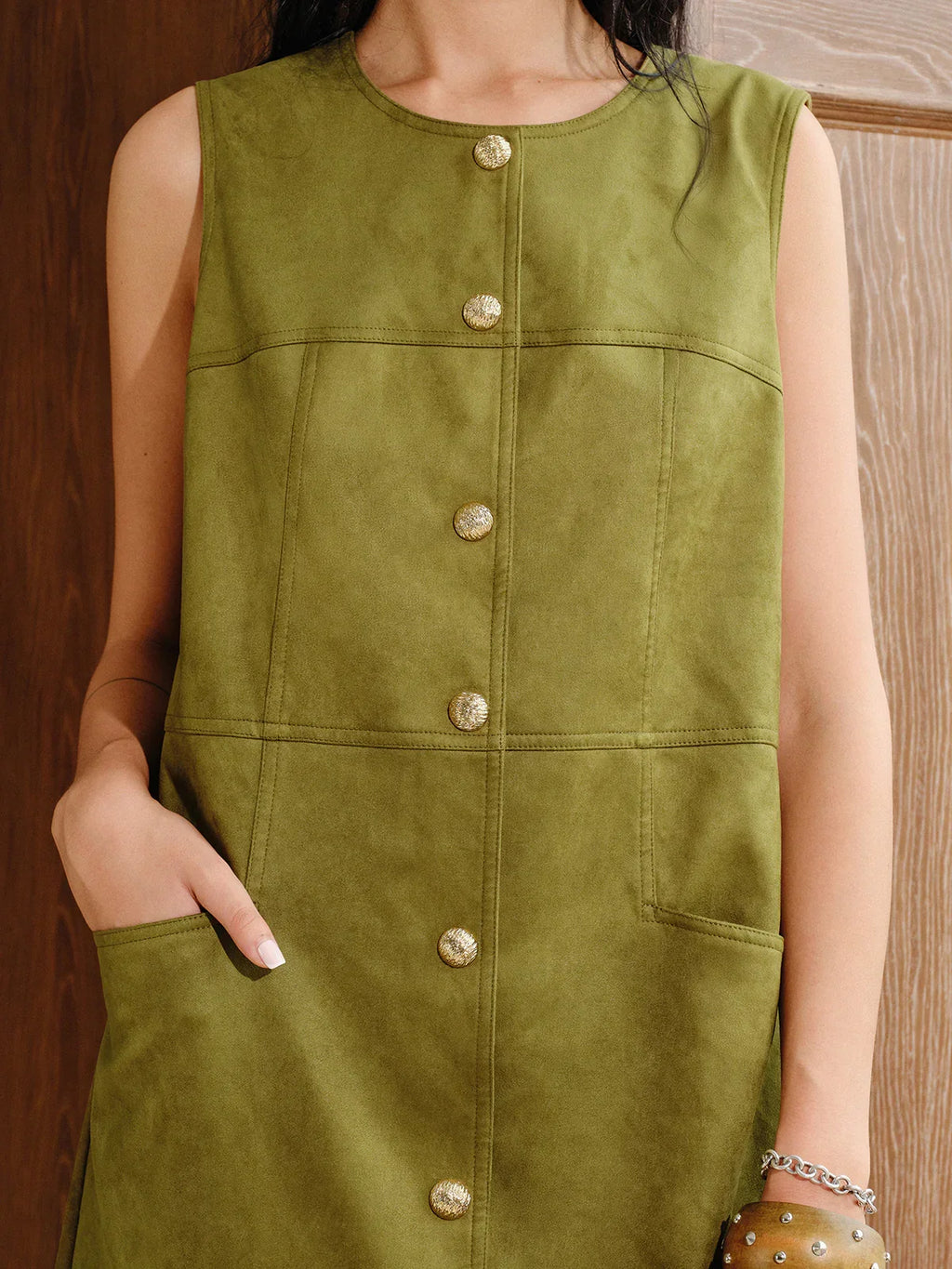 Suede Effect Metal Button Mini Dress