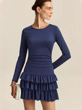 Long Sleeve Ruched Waist Layered Ruffle Dress