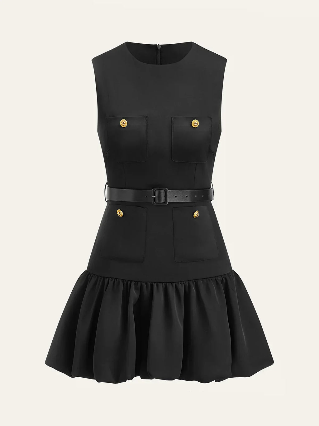 Ruffled Hem Metal Button Mini Dress Without Belt