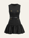 Ruffled Hem Metal Button Mini Dress Without Belt