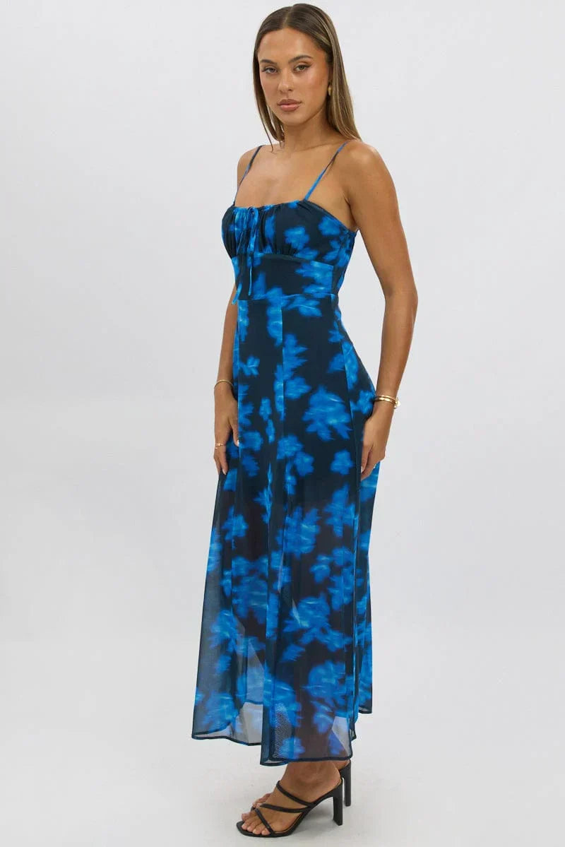 Blue Abstract Midi Dress Gathered Bust