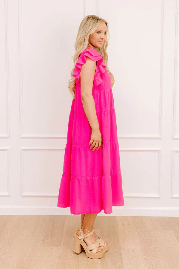Sunny Spritzer Tiered Midi Dress in Hot Pink