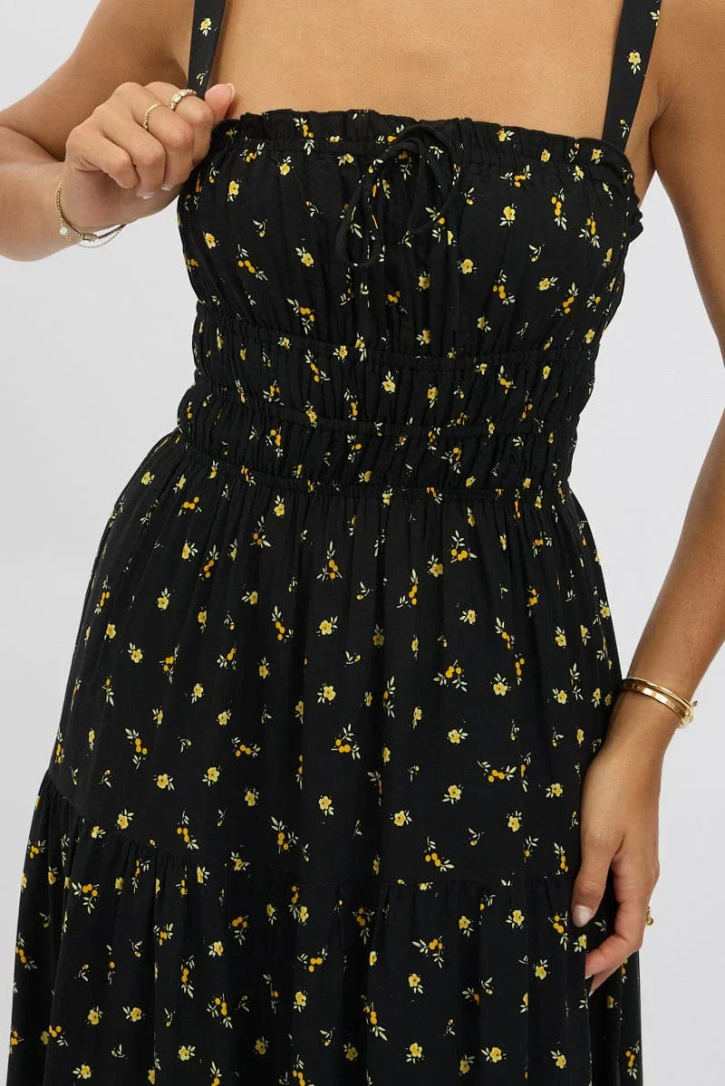 Black Ditsy Maxi Dress Strappy Tiered