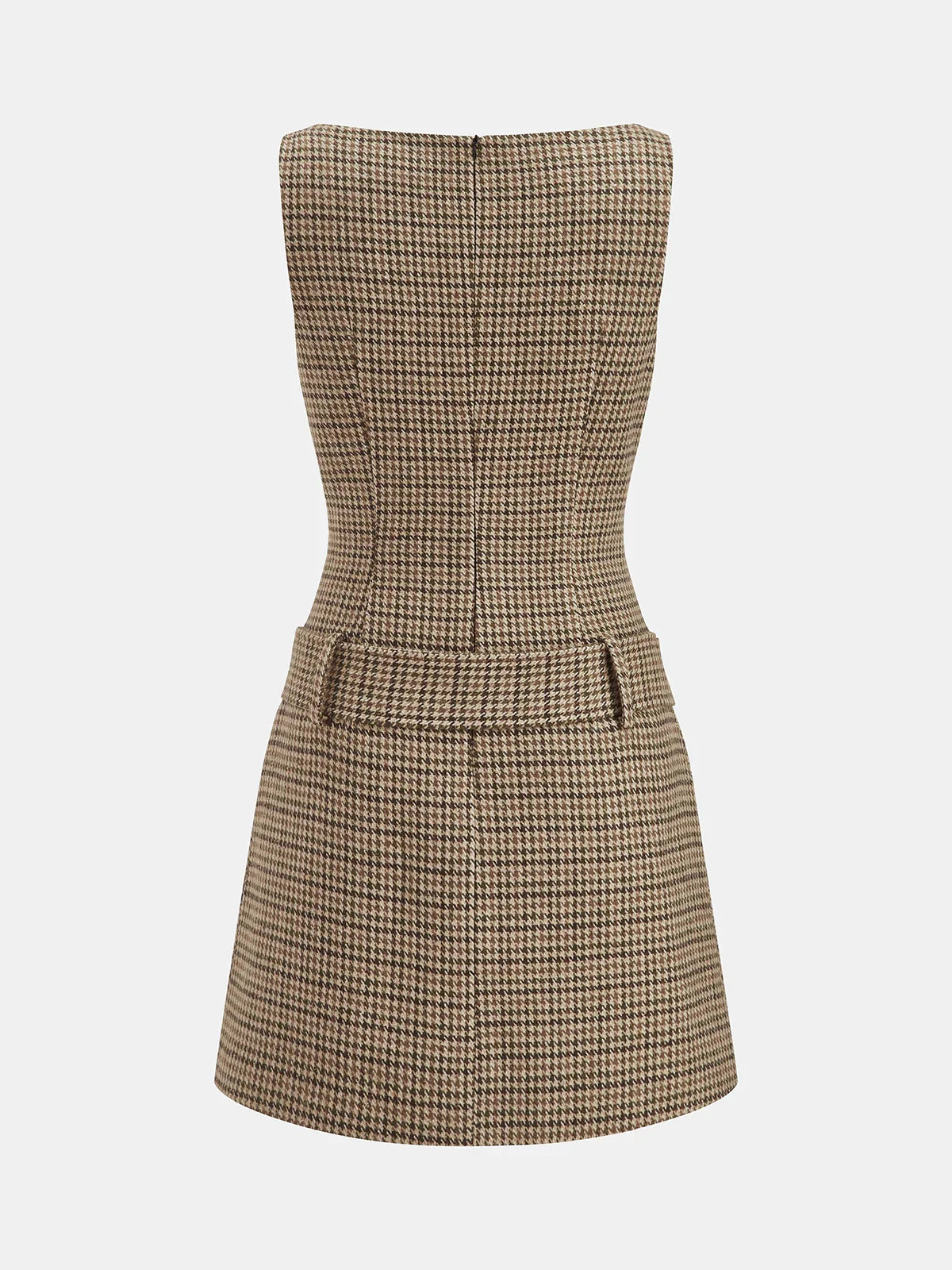 Sleeveless Belted Houndstooth Sheath Mini Dress
