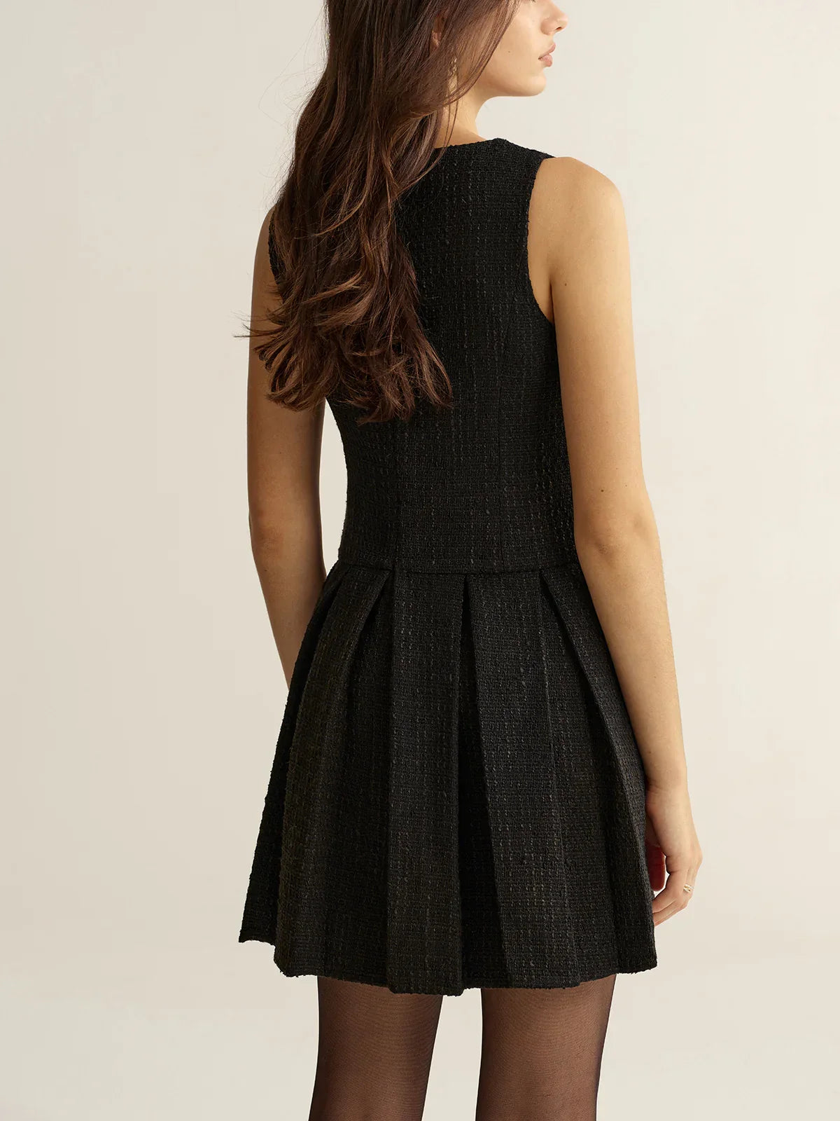 Metal Detail Tweed Pleated Mini Dress