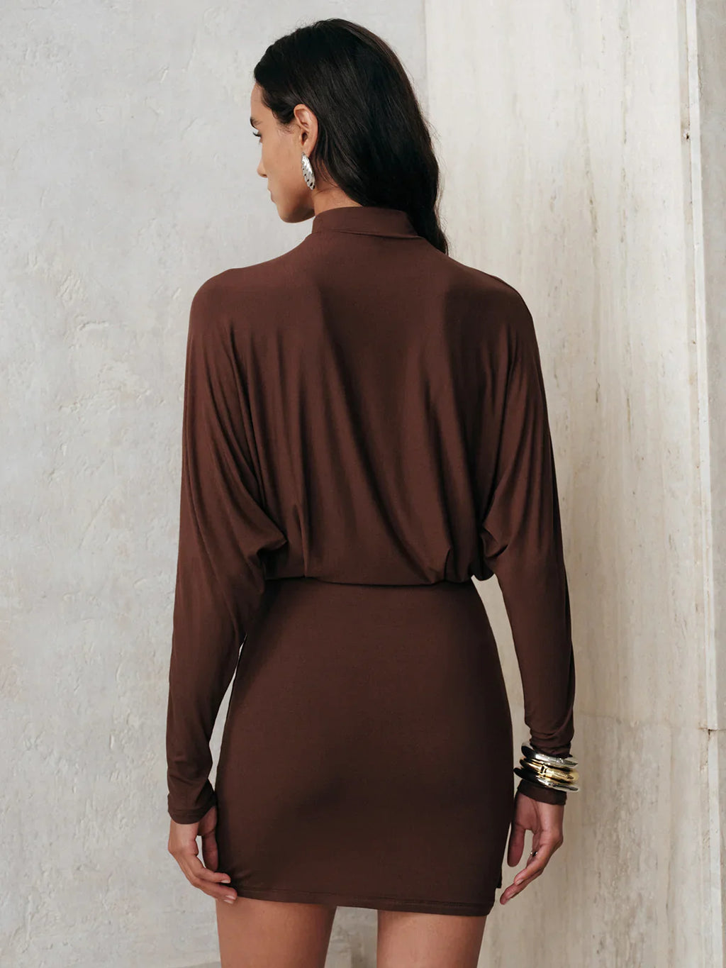 High-Neck Draped Batwing Sleeve Mini Dress