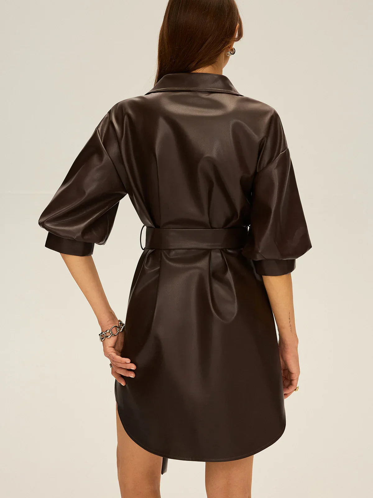Faux Leather V-Neck Belted Mini Dress