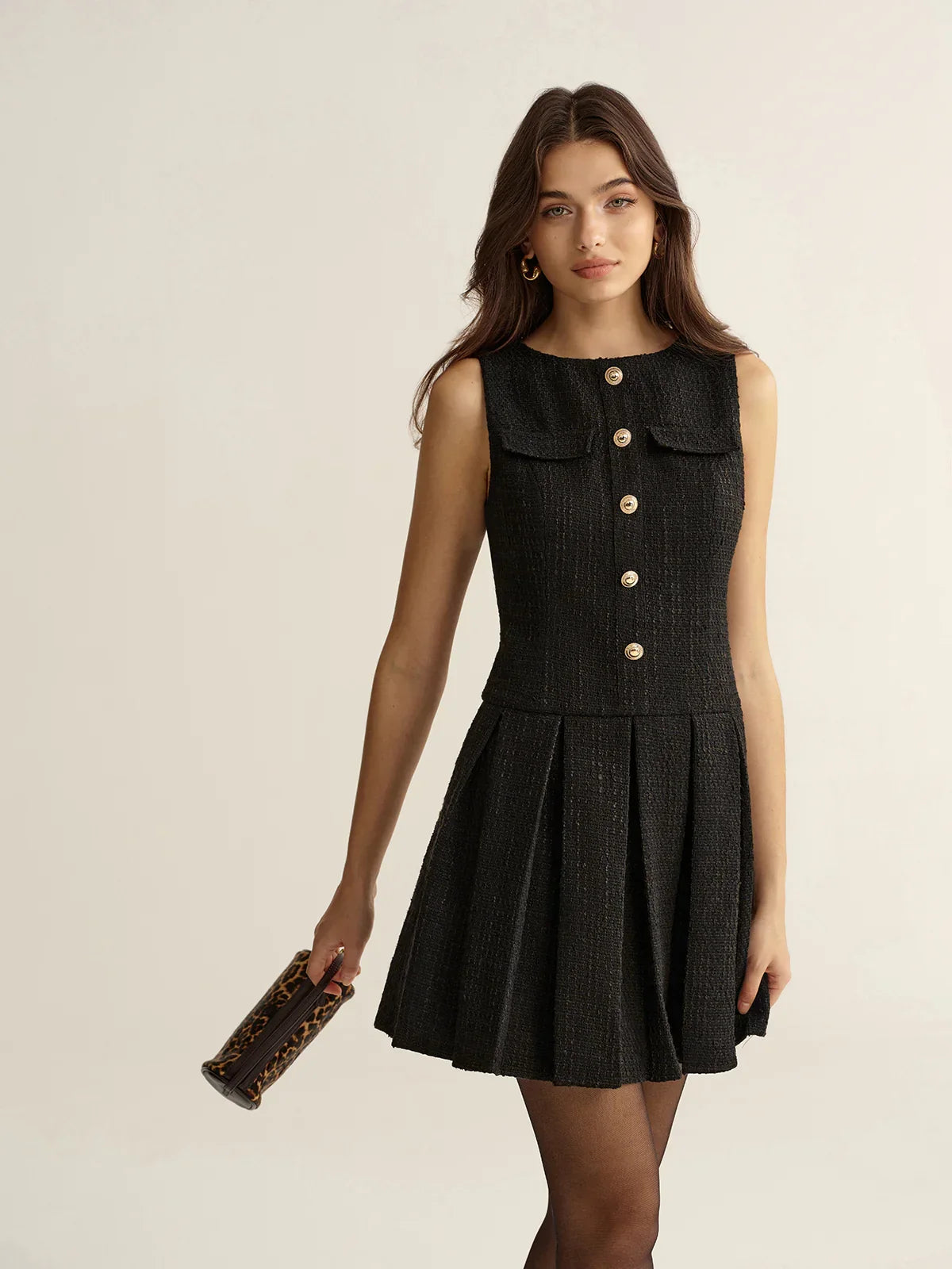Metal Detail Tweed Pleated Mini Dress