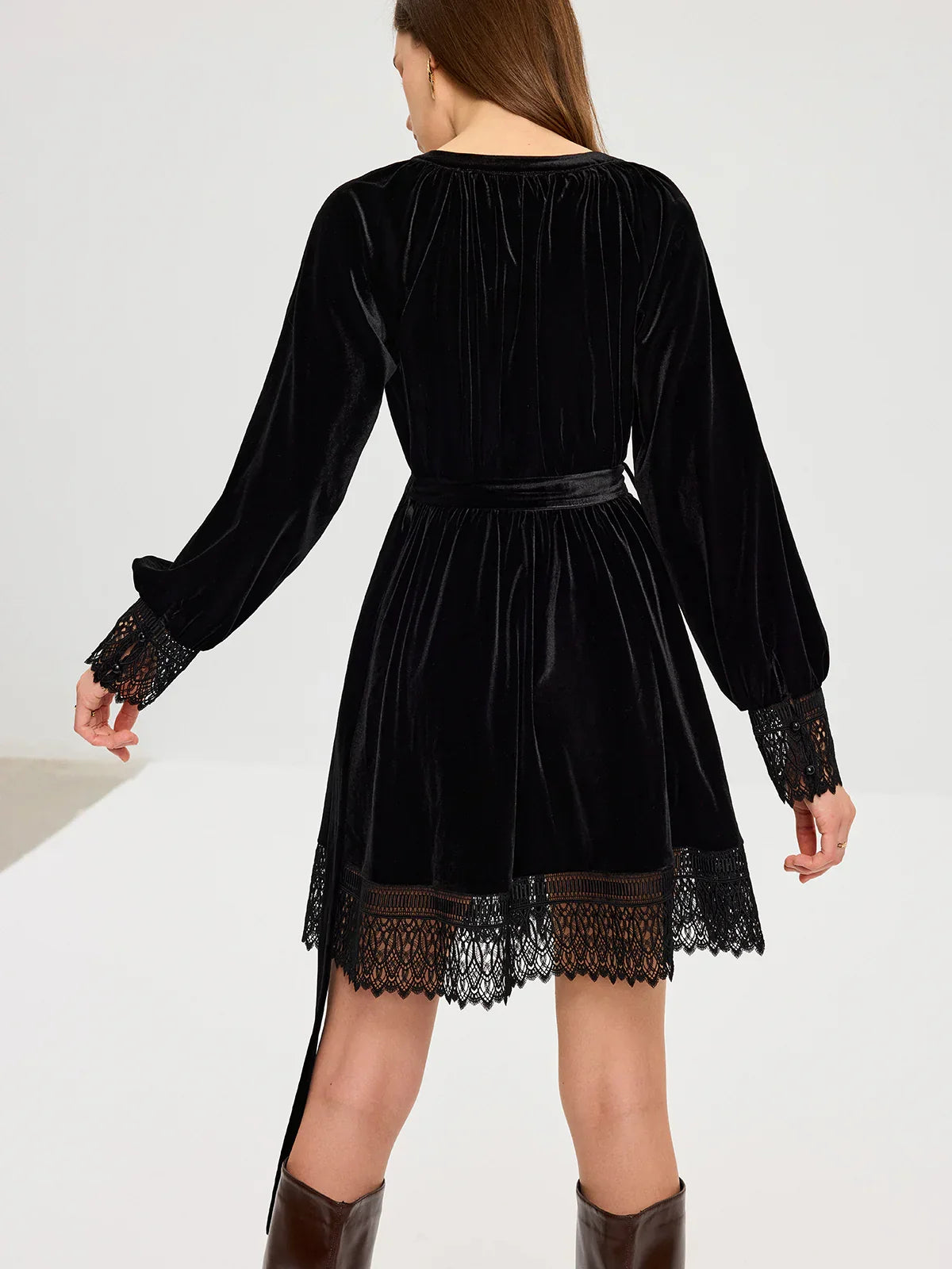 Velvet Belted Lace Trim Mini Dress