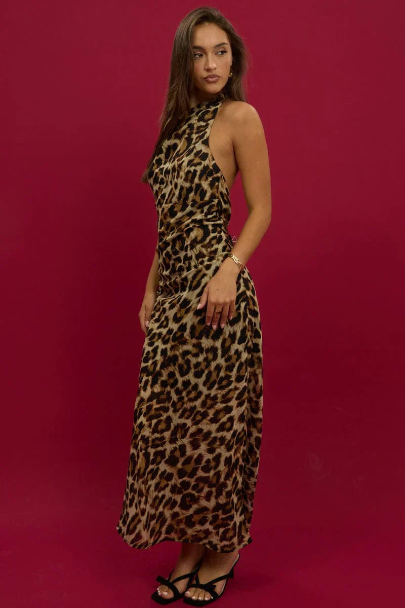 Brown Animal Print Maxi Dress Cowl Neck