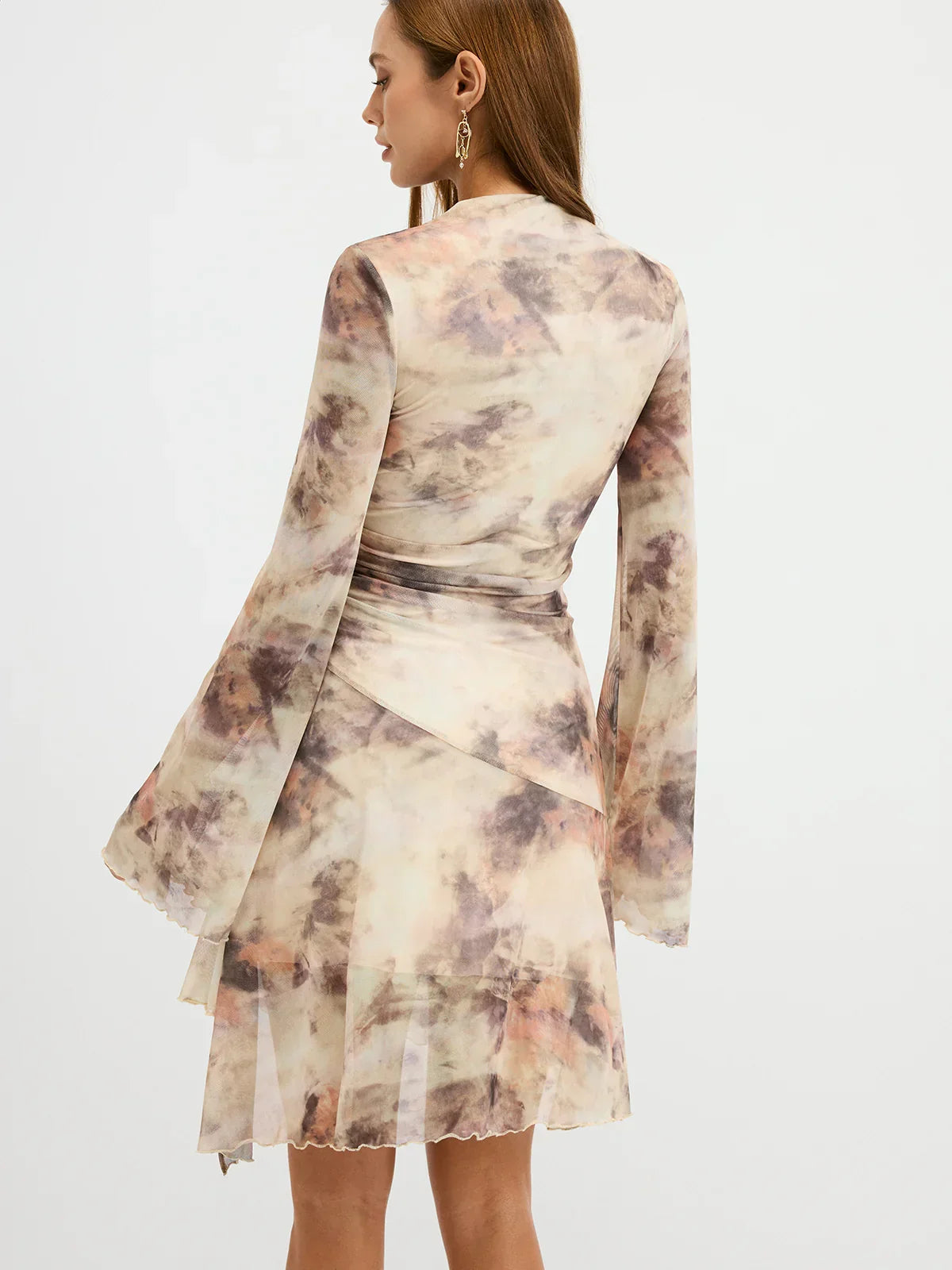 Tie-Dye Print Flared Sleeve Ruched Mini Dress